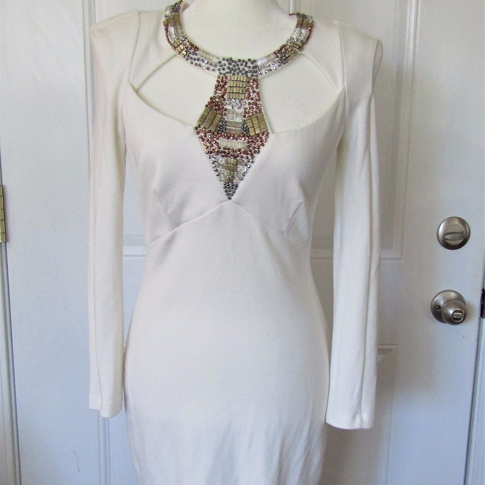 VENUS Cream Embellished Long Sleeve Mini Dress